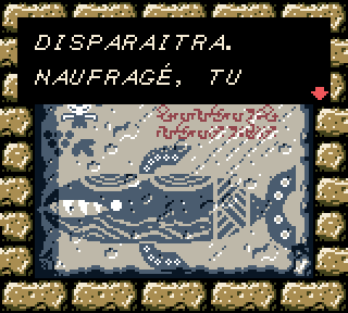 Une capture d’écran du jeu, avec un dialogue « NAUFRAGÉ » avec un accent sur le E de naufragé.
