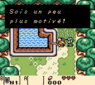 Une capture d’écran du jeu, avec un pêcheur expliquant à Link « Sois un peu plus motivé ! »