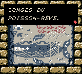 Une capture d’écran du jeu, avec un dialogue « POISSON-RÊVE » avec un accent sur le E de poisson-rêve.